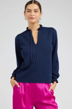 Knitwear|Long Sleeve Tops-Current Air Sweater Style Blouse NAVY