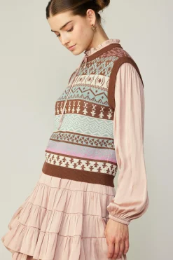 Long Sleeve Tops|Sweaters-Current Air Sweater Vest Blouse FADEDBLUSHMLT