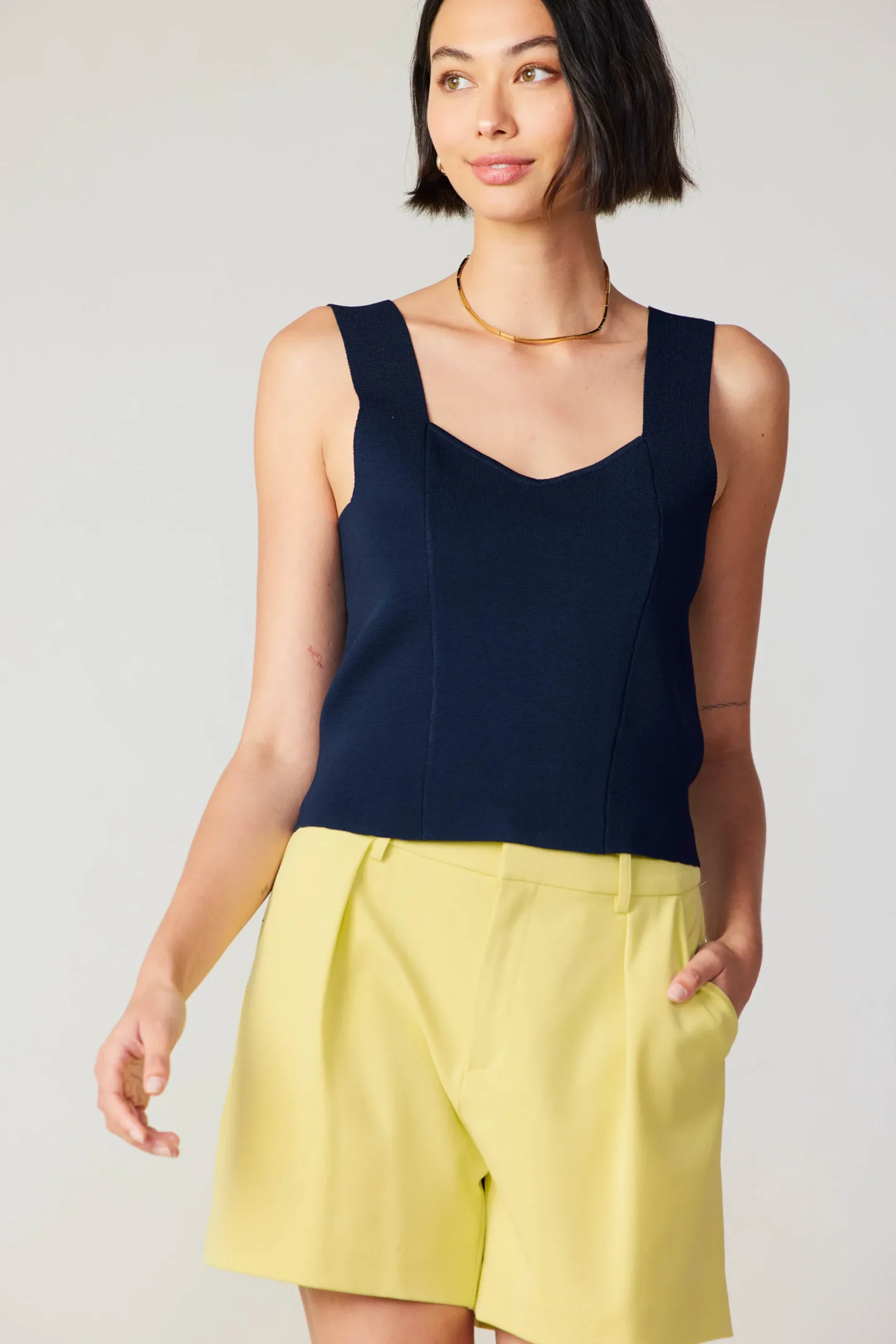 Knitwear|Sleeveless Tops-Current Air Sweetheart Knit Tank Top NAVY