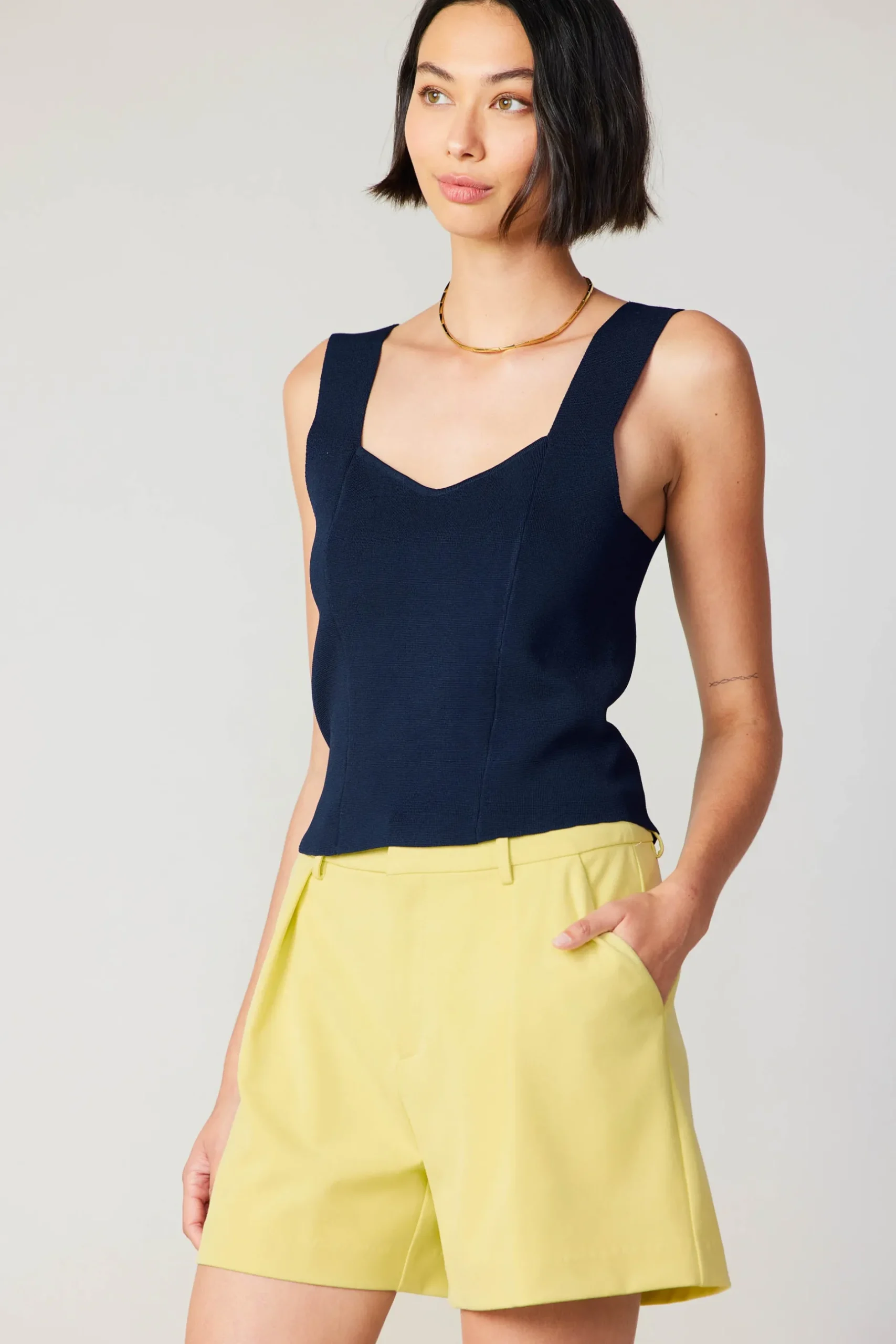 Knitwear|Sleeveless Tops-Current Air Sweetheart Knit Tank Top NAVY