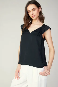 Sleeveless Tops-Current Air Sweetheart Neck Tank Top BLACK