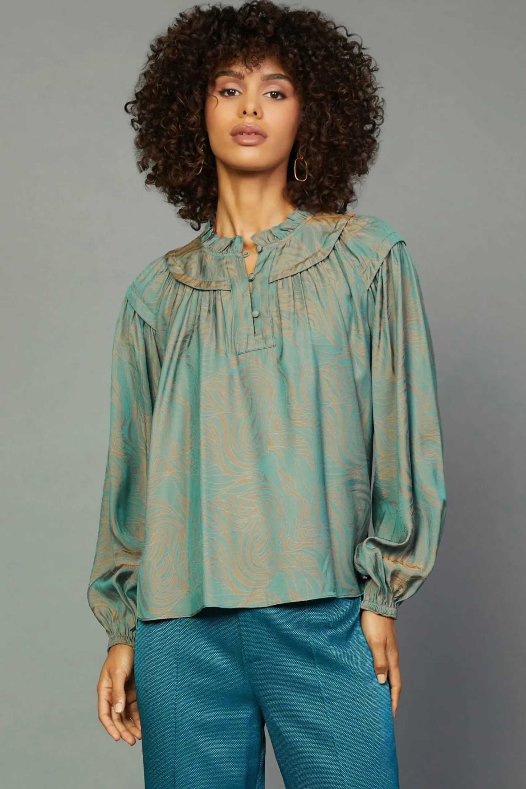 Long Sleeve Tops-Current Air Swirl Motif Blouse TEAL-ORANGE