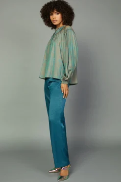 Long Sleeve Tops-Current Air Swirl Motif Blouse TEAL-ORANGE