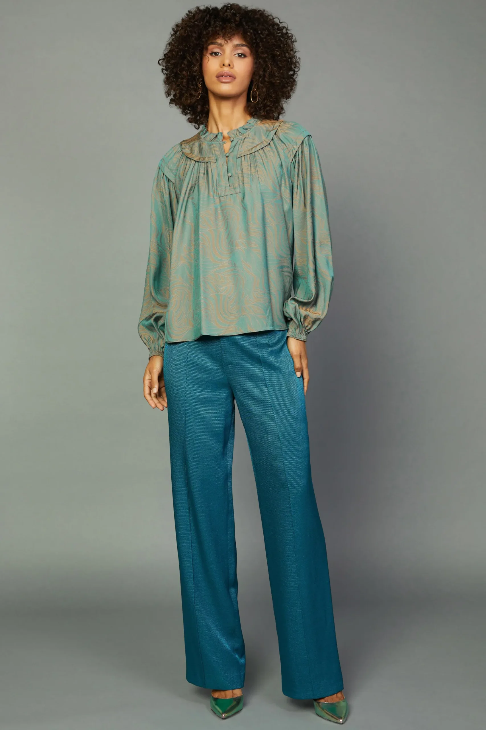 Long Sleeve Tops-Current Air Swirl Motif Blouse TEAL-ORANGE