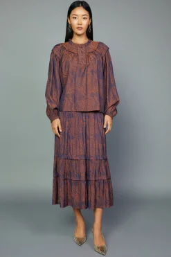 Long Sleeve Tops-Current Air Swirl Motif Blouse PURPLE-ORANGE