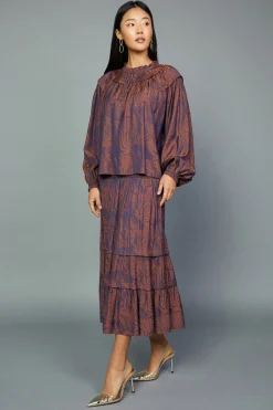 Long Sleeve Tops-Current Air Swirl Motif Blouse PURPLE-ORANGE