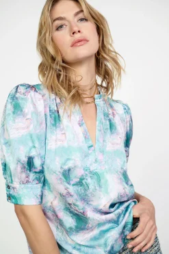 Short Sleeve Tops-Current Air Swirl Motif Blouse OCEANMULTI