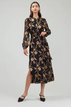 Midi Dresses-Current Air Textured Floral Midi Dress BLACKGOLD