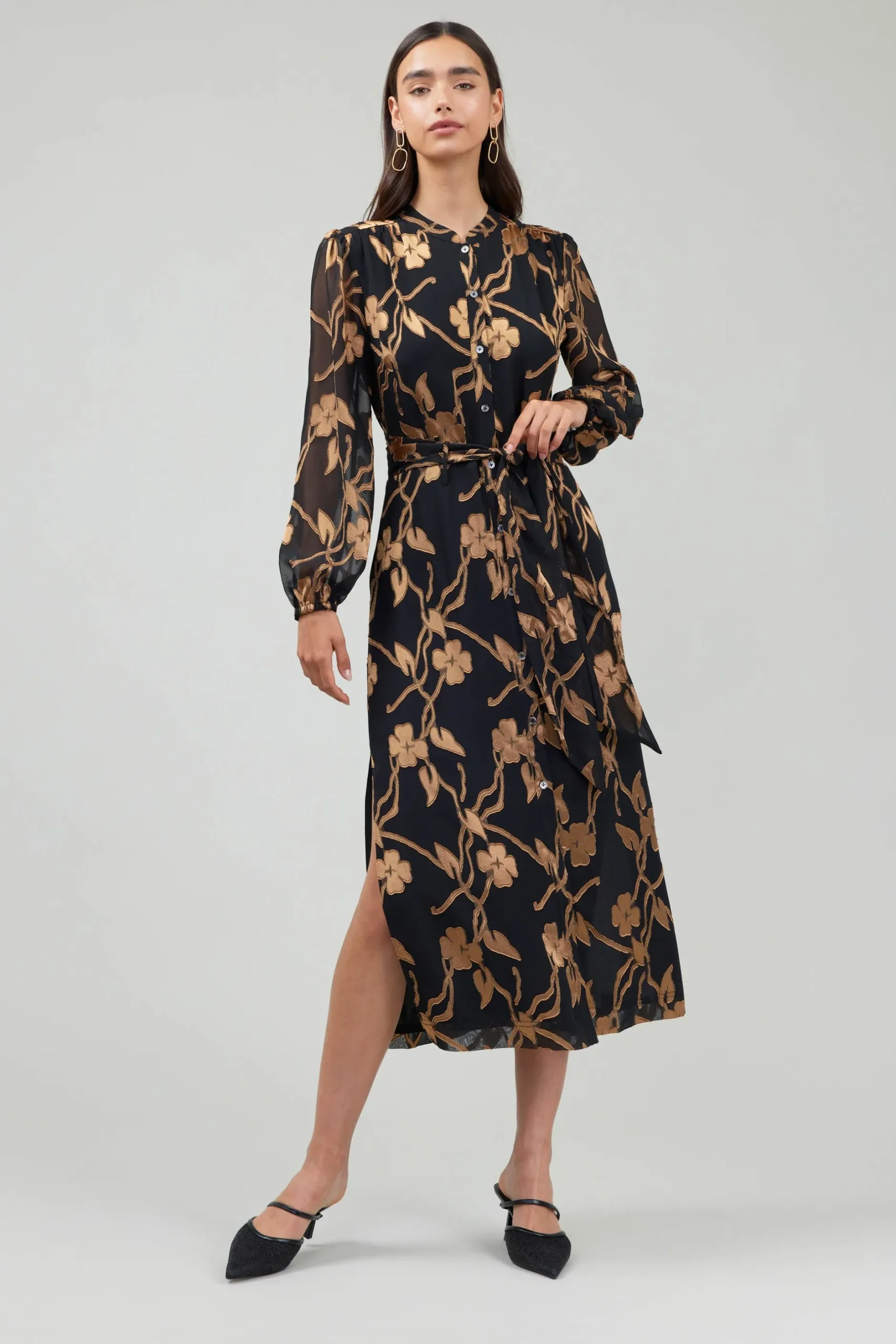 Midi Dresses-Current Air Textured Floral Midi Dress BLACKGOLD