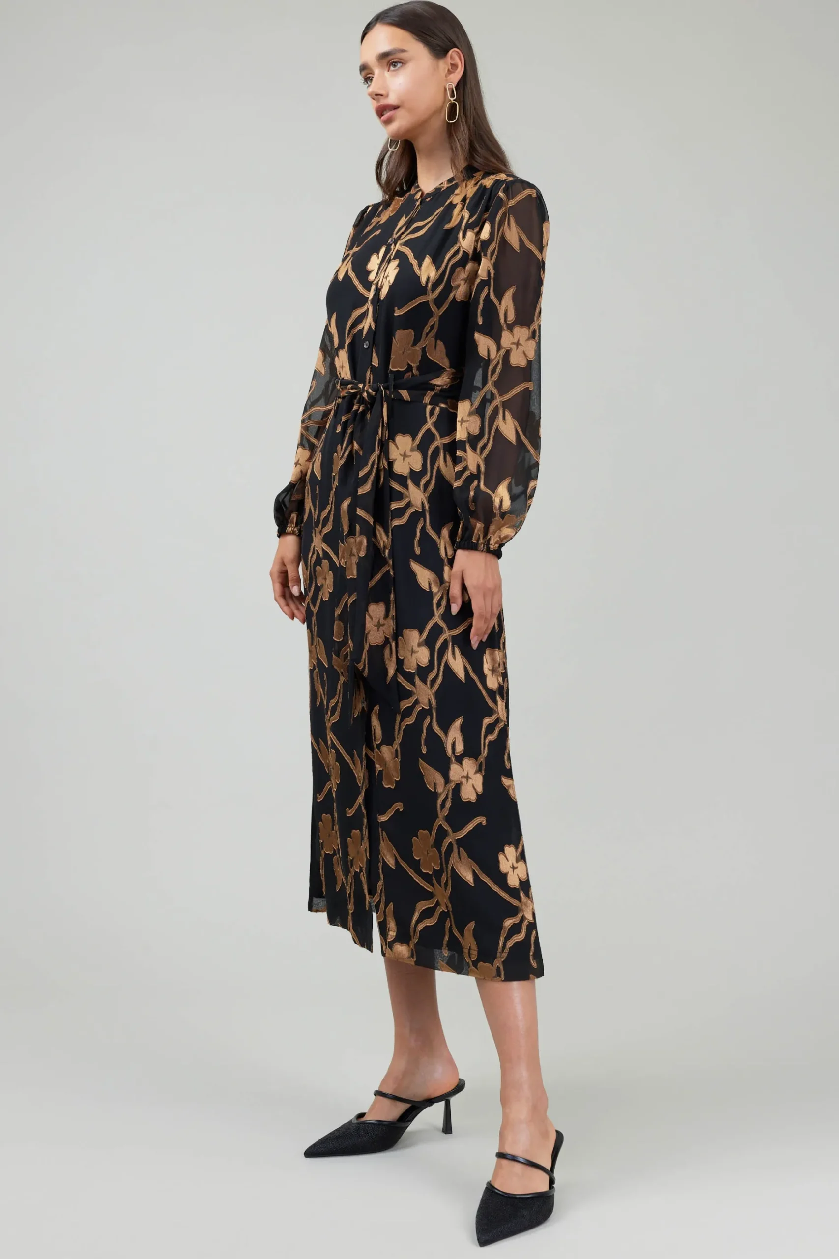 Midi Dresses-Current Air Textured Floral Midi Dress BLACKGOLD