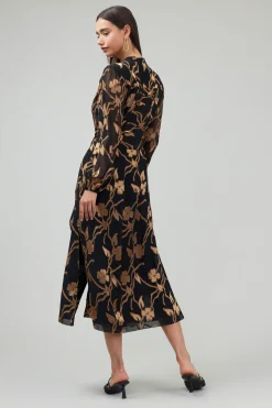 Midi Dresses-Current Air Textured Floral Midi Dress BLACKGOLD