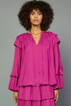 Long Sleeve Tops-Current Air Tiered Bubble Sleeve Blouse FUCHSIA