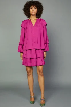 Long Sleeve Tops-Current Air Tiered Bubble Sleeve Blouse FUCHSIA
