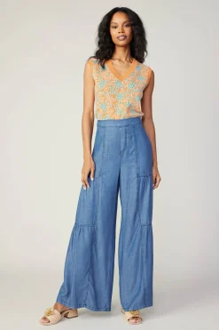 Pants-Current Air Tiered Wide Leg Pants CHAMBRAY