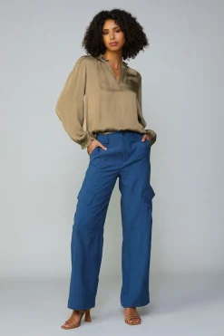 Long Sleeve Tops-Current Air Top Stitch Placket Blouse ASHBROWN