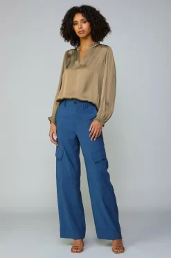 Long Sleeve Tops-Current Air Top Stitch Placket Blouse ASHBROWN
