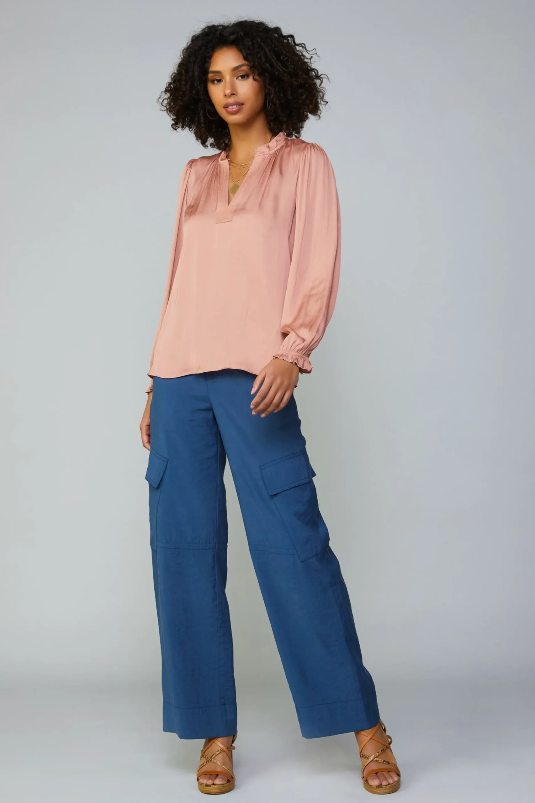 Long Sleeve Tops-Current Air Top Stitch Placket Blouse DUSTYBLUSH