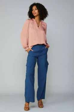 Long Sleeve Tops-Current Air Top Stitch Placket Blouse DUSTYBLUSH