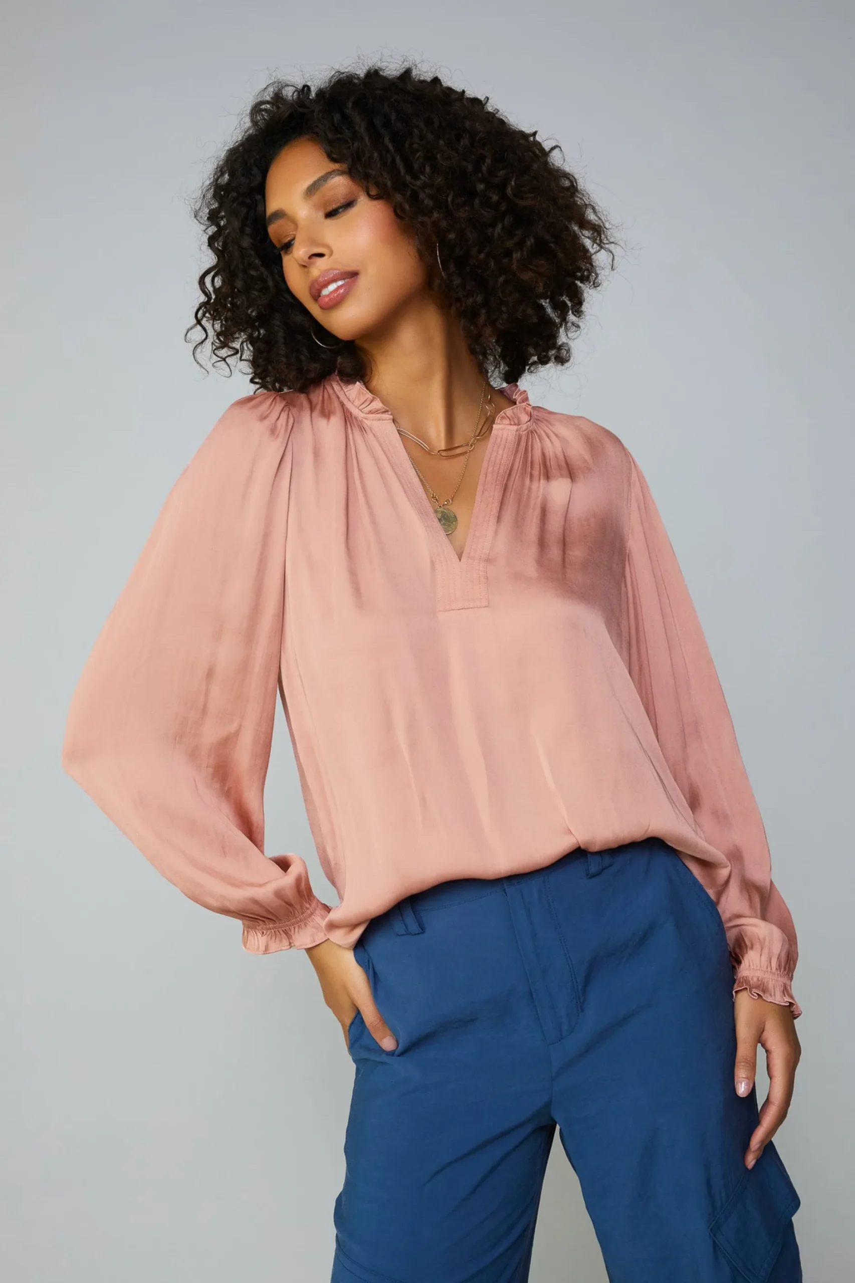 Long Sleeve Tops-Current Air Top Stitch Placket Blouse DUSTYBLUSH