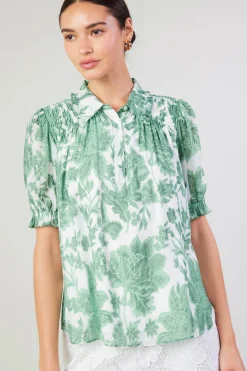 Short Sleeve Tops-Current Air Tulip Jacquard Blouse GREENFLORAL