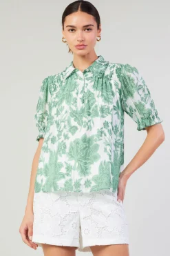 Short Sleeve Tops-Current Air Tulip Jacquard Blouse GREENFLORAL
