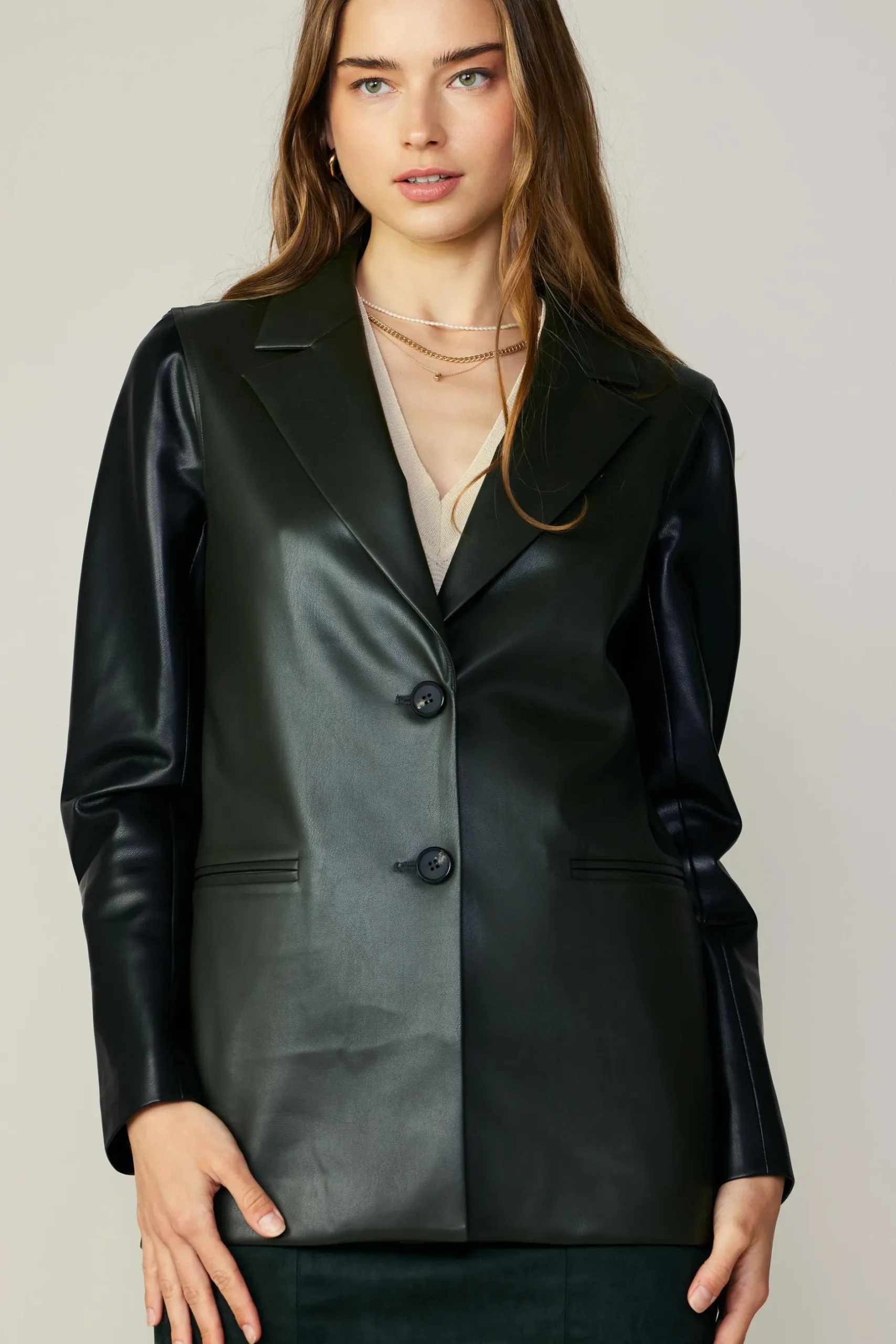 Coats & Jackets-Current Air Two Tone Vegan Leather Jacket DARKGREEN