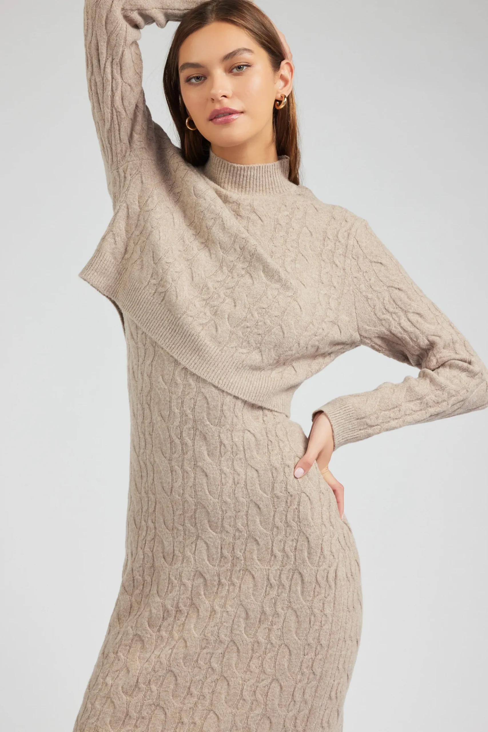 Knitwear|Midi Dresses-Current Air Two-piece Cable Knit Dress OATMEAL