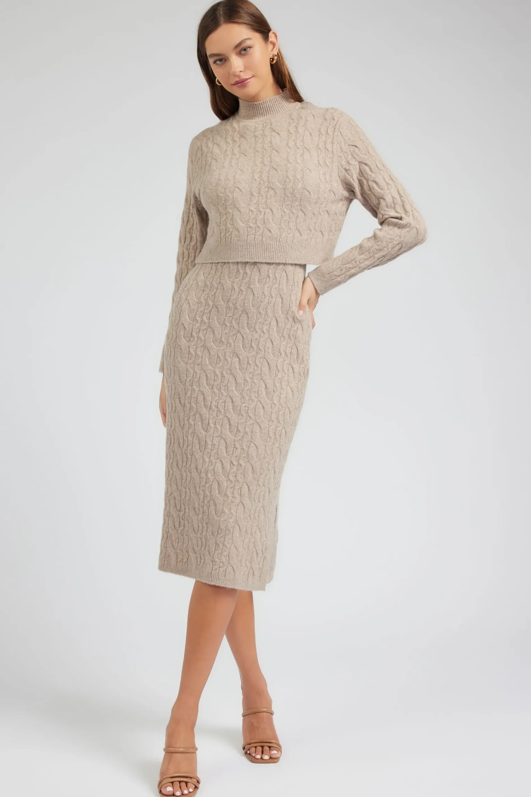 Knitwear|Midi Dresses-Current Air Two-piece Cable Knit Dress OATMEAL