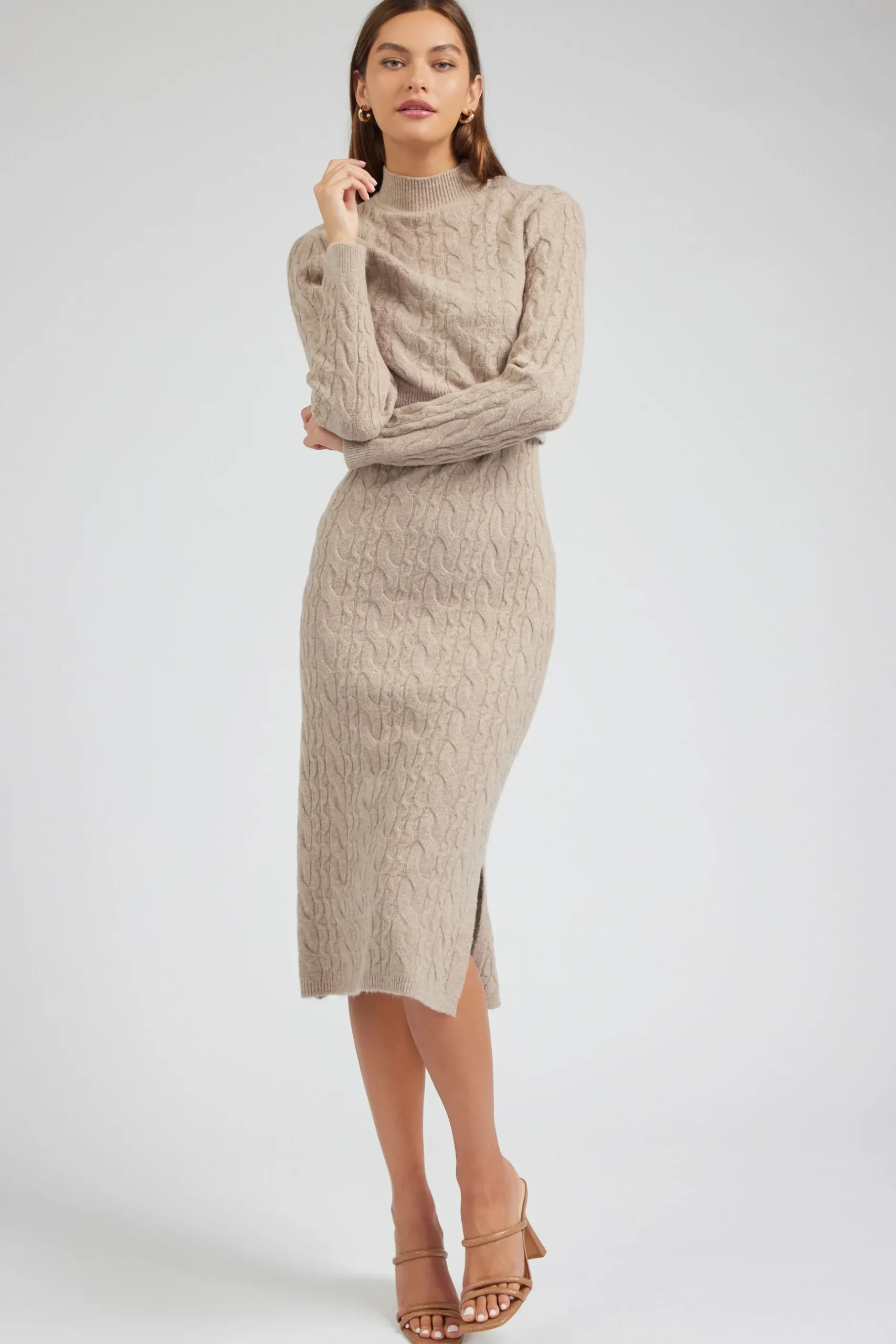 Knitwear|Midi Dresses-Current Air Two-piece Cable Knit Dress OATMEAL