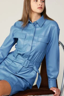 Mini Dresses-Current Air Vegan Leather Belted Shirt Dress TRANQUILBLUE