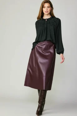 Skirts-Current Air Vegan Leather Midi Skirt BURGUNDY