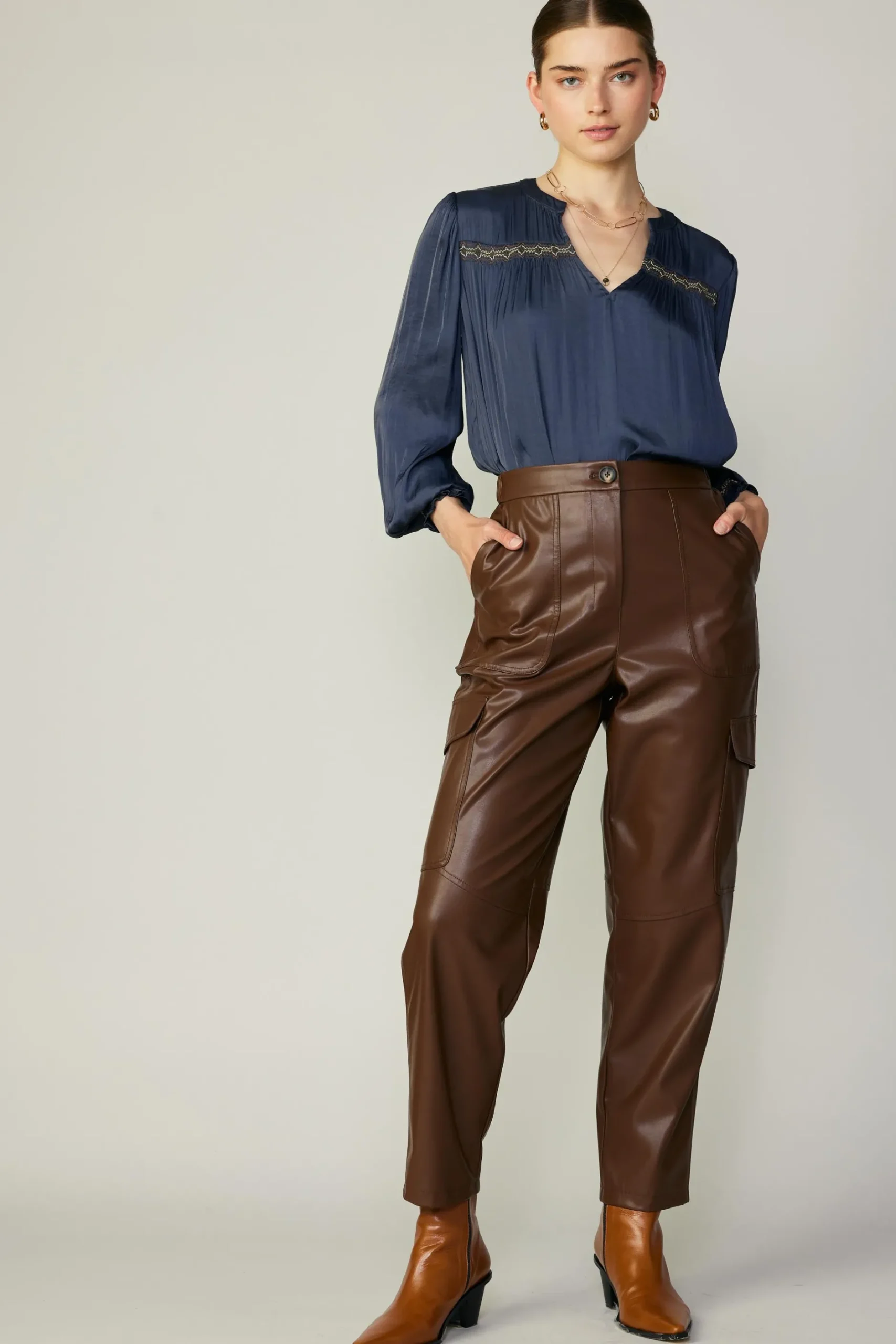 Pants-Current Air Vegan Leather Trousers BROWN