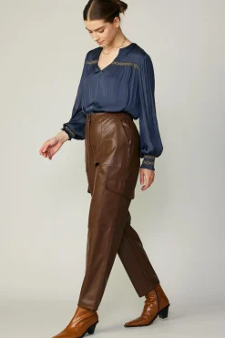 Pants-Current Air Vegan Leather Trousers BROWN