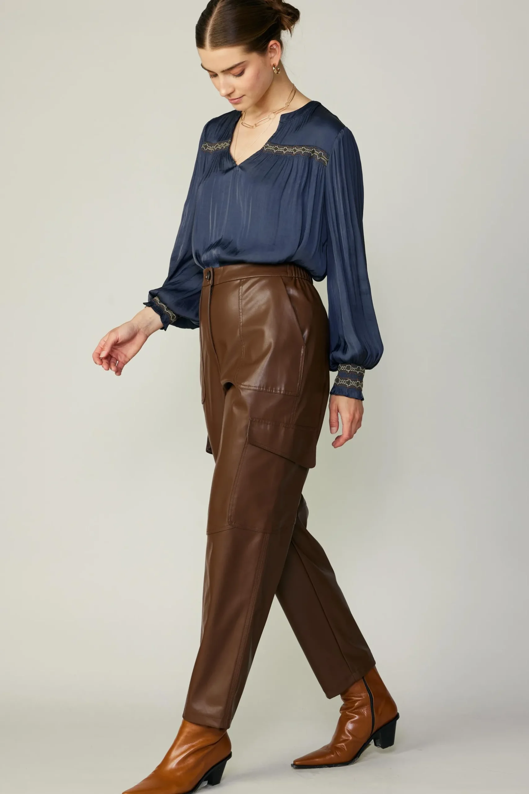 Pants-Current Air Vegan Leather Trousers BROWN