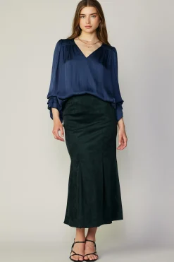 Skirts-Current Air Vegan Suede Fishtail Skirt DARKGREEN