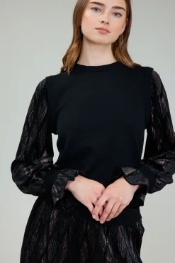 Knitwear|Long Sleeve Tops-Current Air Velvet Foil Sweater Top BLACKBRONZEMULTI