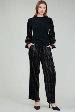 Knitwear|Long Sleeve Tops-Current Air Velvet Foil Sweater Top BLACKBRONZEMULTI