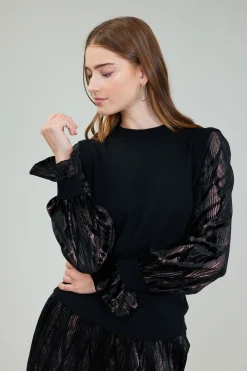 Knitwear|Long Sleeve Tops-Current Air Velvet Foil Sweater Top BLACKBRONZEMULTI
