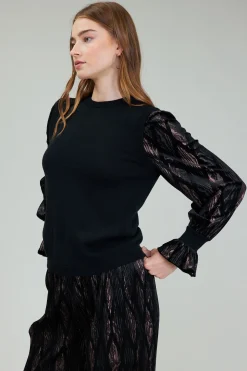 Knitwear|Long Sleeve Tops-Current Air Velvet Foil Sweater Top BLACKBRONZEMULTI