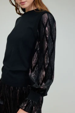 Knitwear|Long Sleeve Tops-Current Air Velvet Foil Sweater Top BLACKBRONZEMULTI