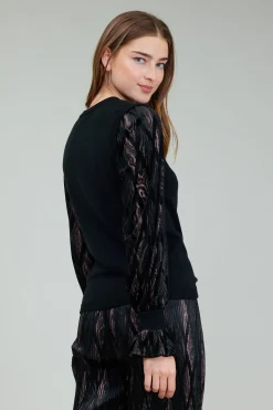 Knitwear|Long Sleeve Tops-Current Air Velvet Foil Sweater Top BLACKBRONZEMULTI