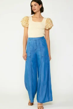 Pants-Current Air Wide Leg Tiered Pants CHAMBRAY