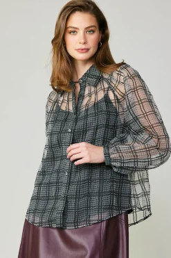 Long Sleeve Tops-Current Air Windowpane Plaid Sheer Blouse BLACK