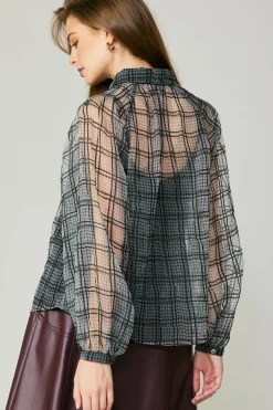 Long Sleeve Tops-Current Air Windowpane Plaid Sheer Blouse BLACK