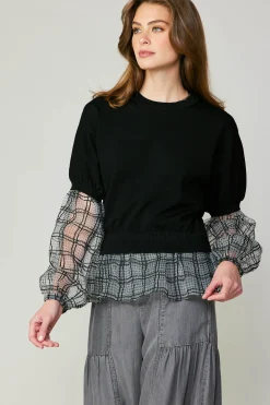 Long Sleeve Tops|Sweaters-Current Air Windowpane Plaid Sweater Top BLACK