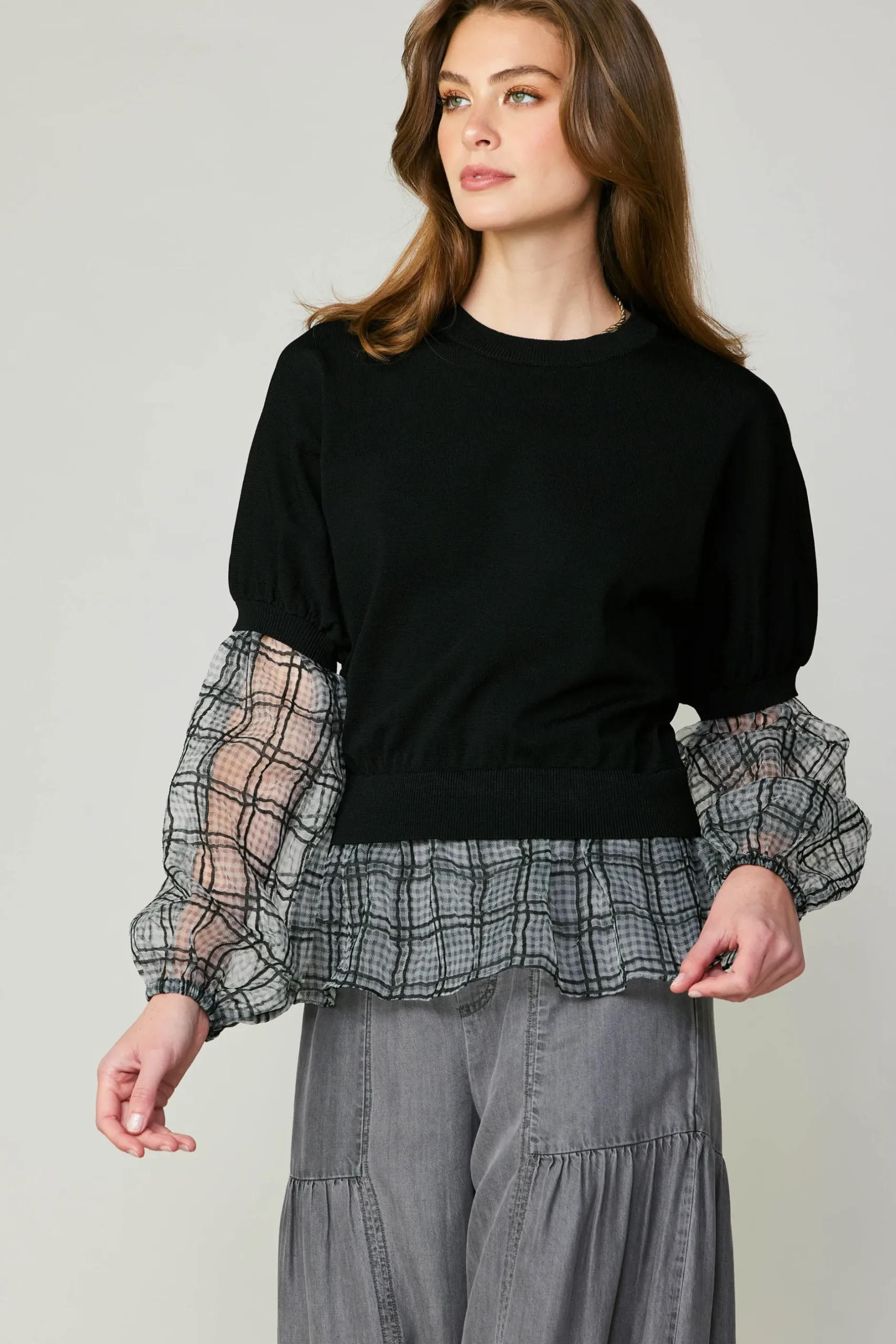 Long Sleeve Tops|Sweaters-Current Air Windowpane Plaid Sweater Top BLACK