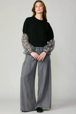 Long Sleeve Tops|Sweaters-Current Air Windowpane Plaid Sweater Top BLACK