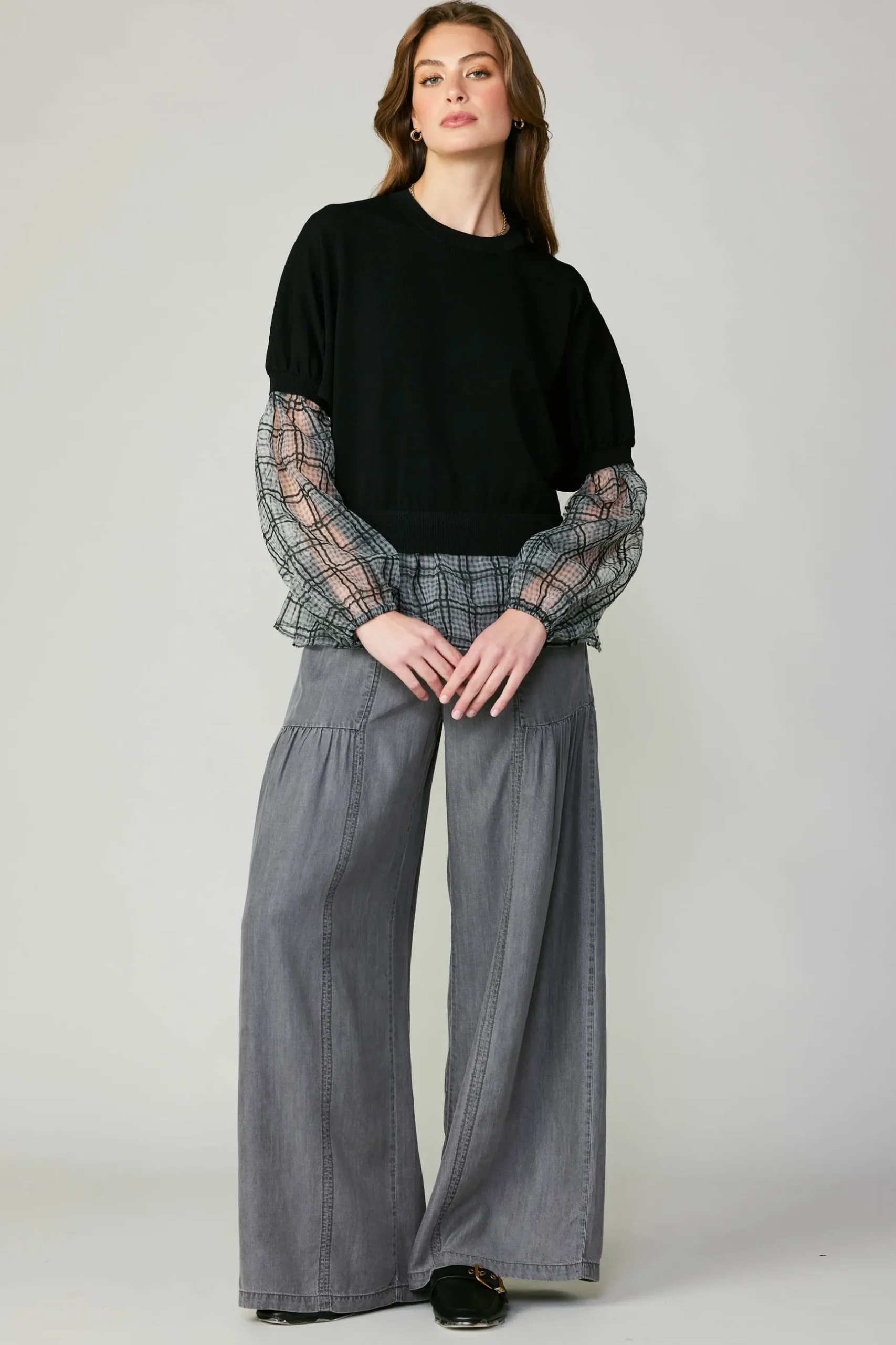 Long Sleeve Tops|Sweaters-Current Air Windowpane Plaid Sweater Top BLACK
