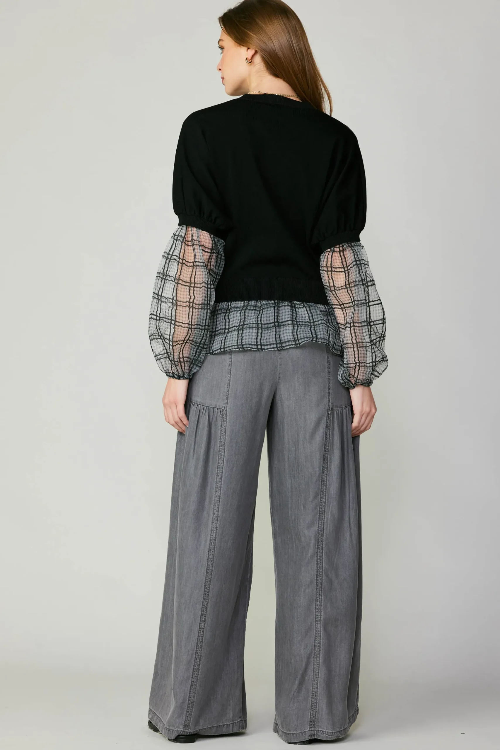 Long Sleeve Tops|Sweaters-Current Air Windowpane Plaid Sweater Top BLACK