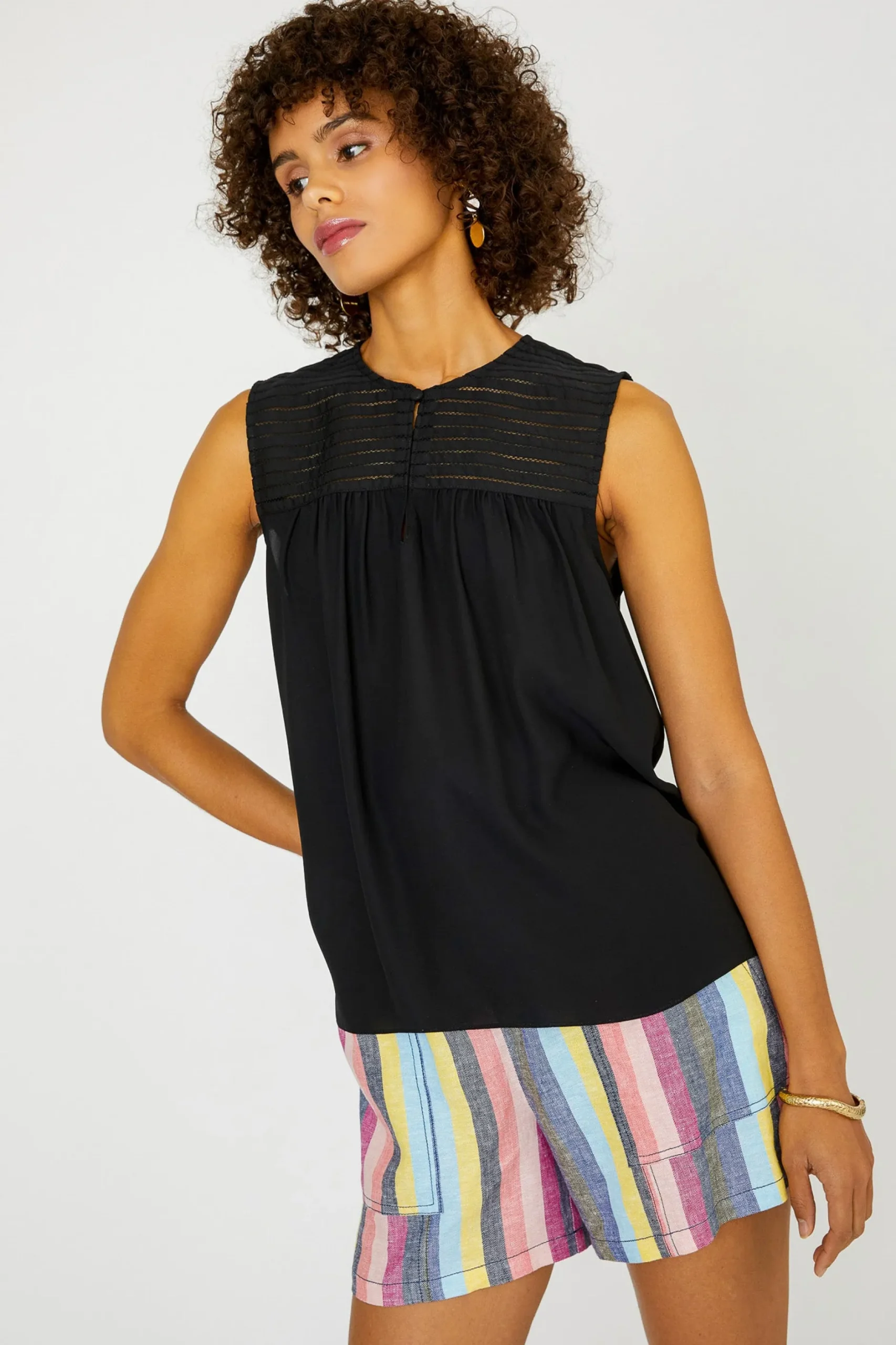 Sleeveless Tops-Current Air Yoke Detail Tank Top BLACK